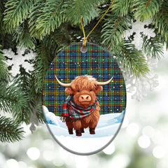 MacLellan Ancient Tartan Christmas Ceramic Ornament - Highland Cows Snow Style