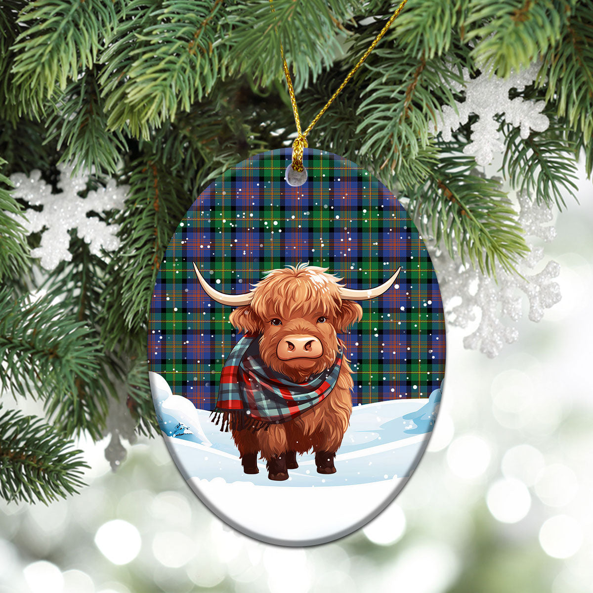 MacLennan Ancient Tartan Christmas Ceramic Ornament - Highland Cows Snow Style