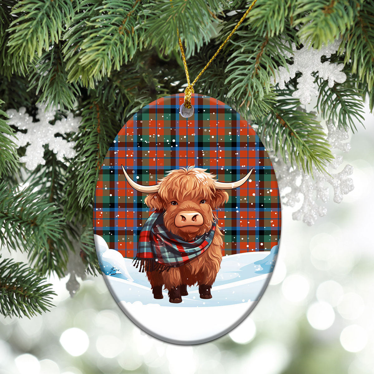 MacNaughton Ancient Tartan Christmas Ceramic Ornament - Highland Cows Snow Style