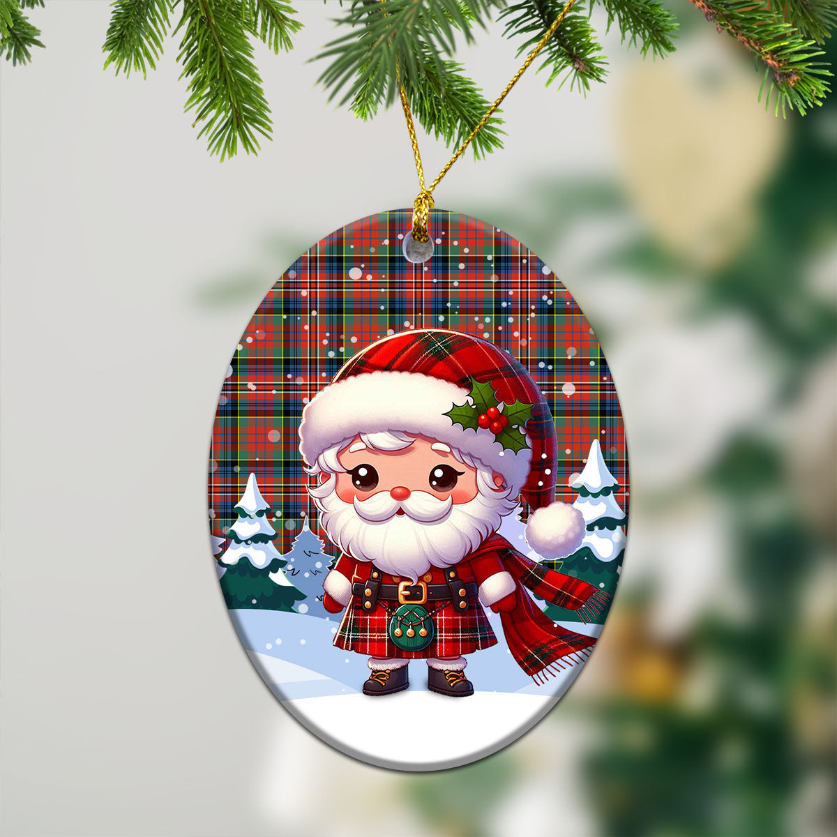 MacPherson Ancient Tartan Christmas Ceramic Ornament - Santa Claus In Kilt Style