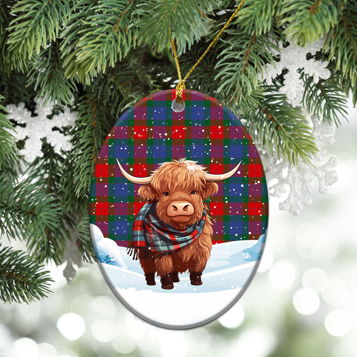 Mar Tartan Christmas Ceramic Ornament - Highland Cows Snow Style