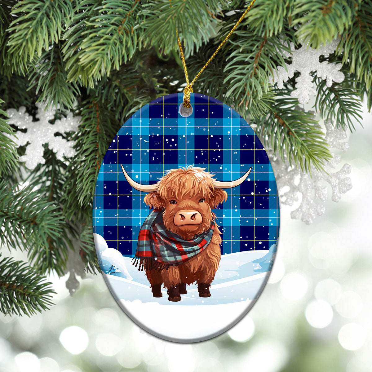 McKerrell Tartan Christmas Ceramic Ornament - Highland Cows Snow Style