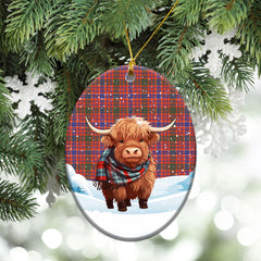 McRae Ancient Tartan Christmas Ceramic Ornament - Highland Cows Snow Style
