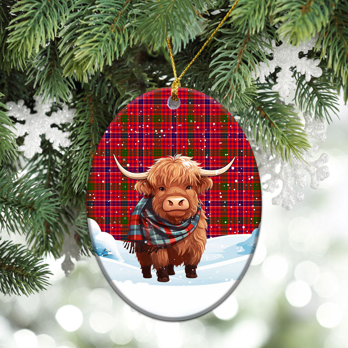 McRae Modern Tartan Christmas Ceramic Ornament - Highland Cows Snow Style