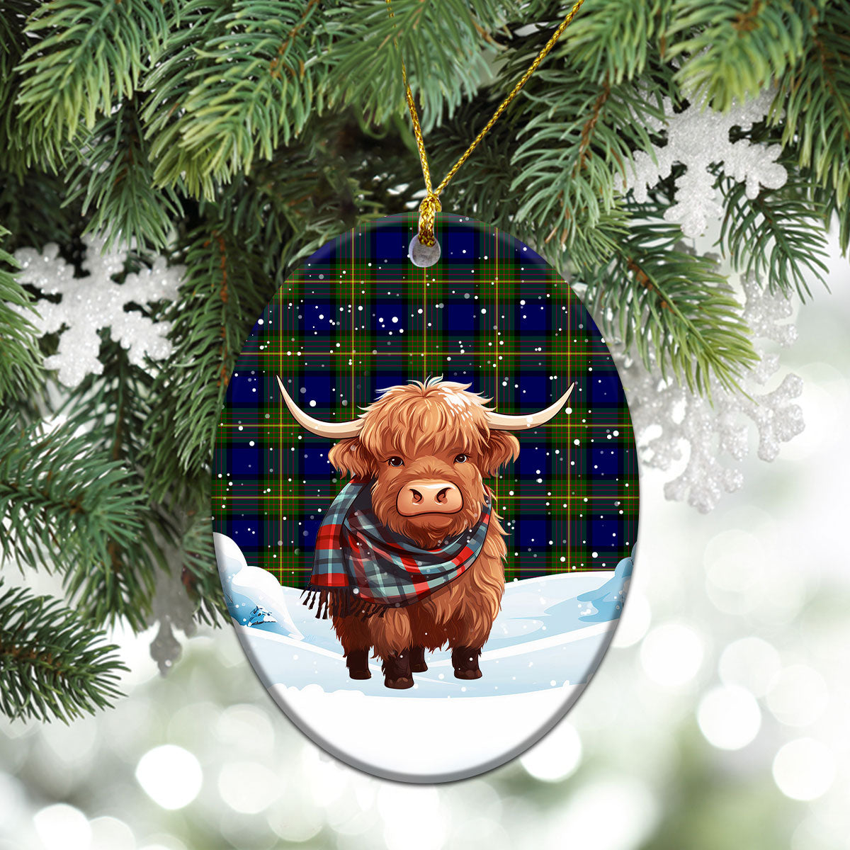 Muir Tartan Christmas Ceramic Ornament - Highland Cows Snow Style