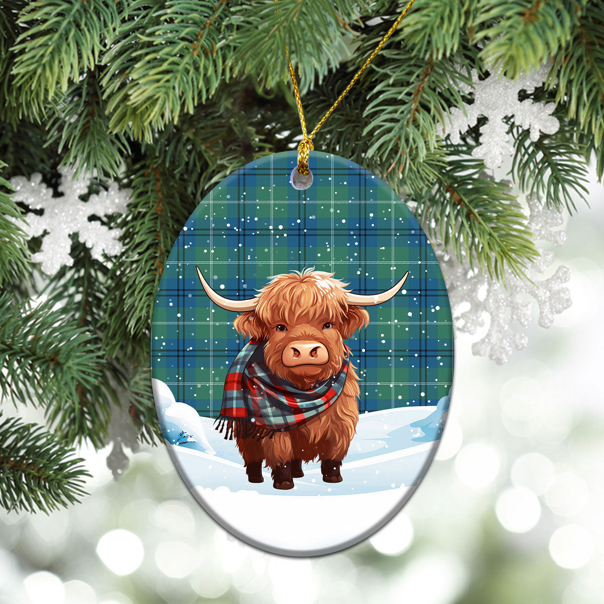 Oliphant Ancient Tartan Christmas Ceramic Ornament - Highland Cows Snow Style