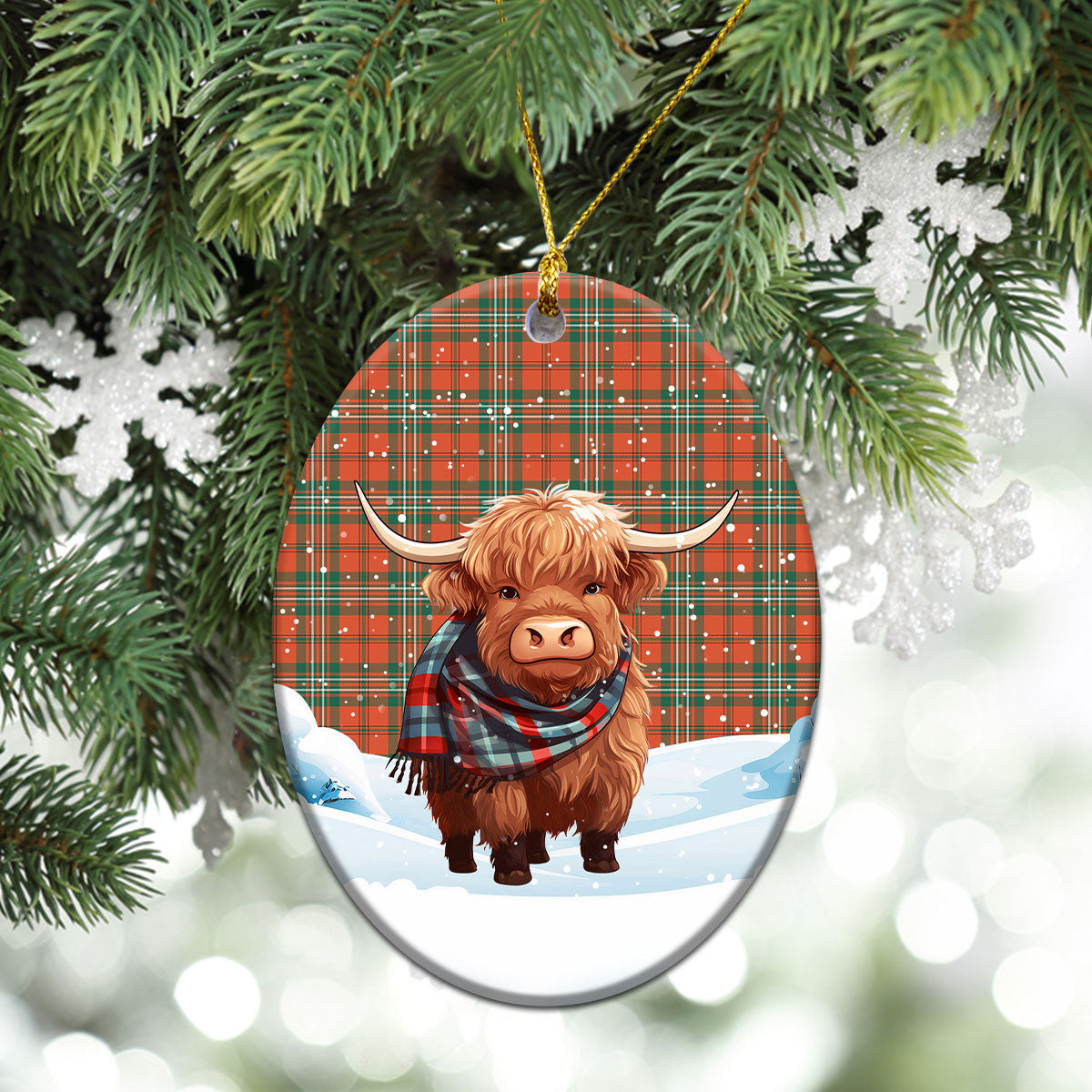 Scott Ancient Tartan Christmas Ceramic Ornament - Highland Cows Snow Style