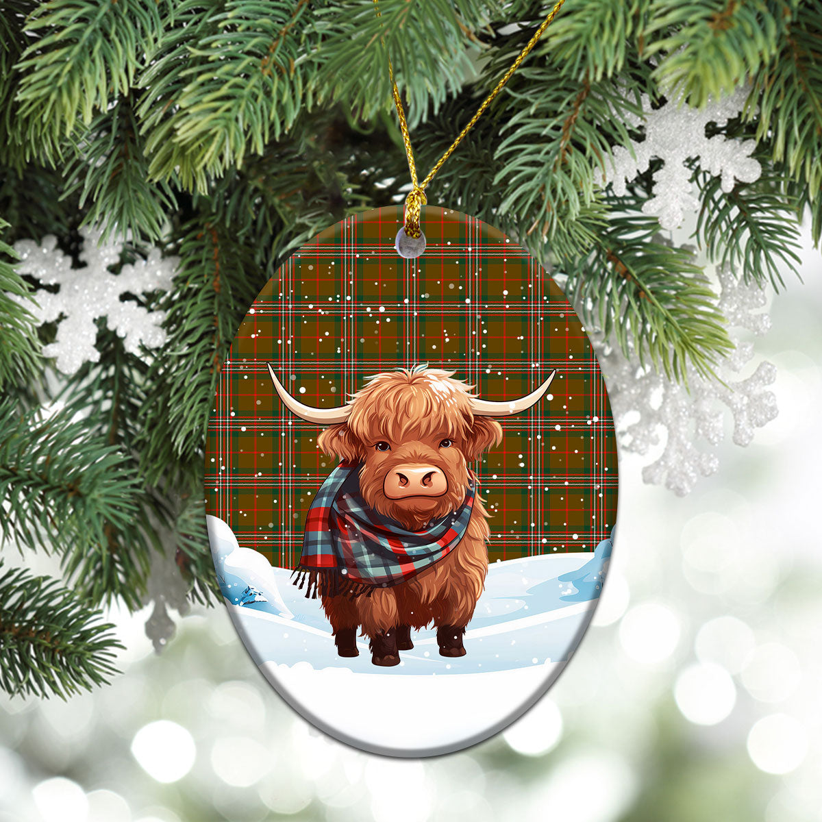 Scott Brown Modern Tartan Christmas Ceramic Ornament - Highland Cows Snow Style