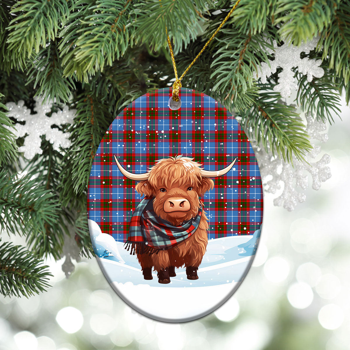 Spalding Tartan Christmas Ceramic Ornament - Highland Cows Snow Style