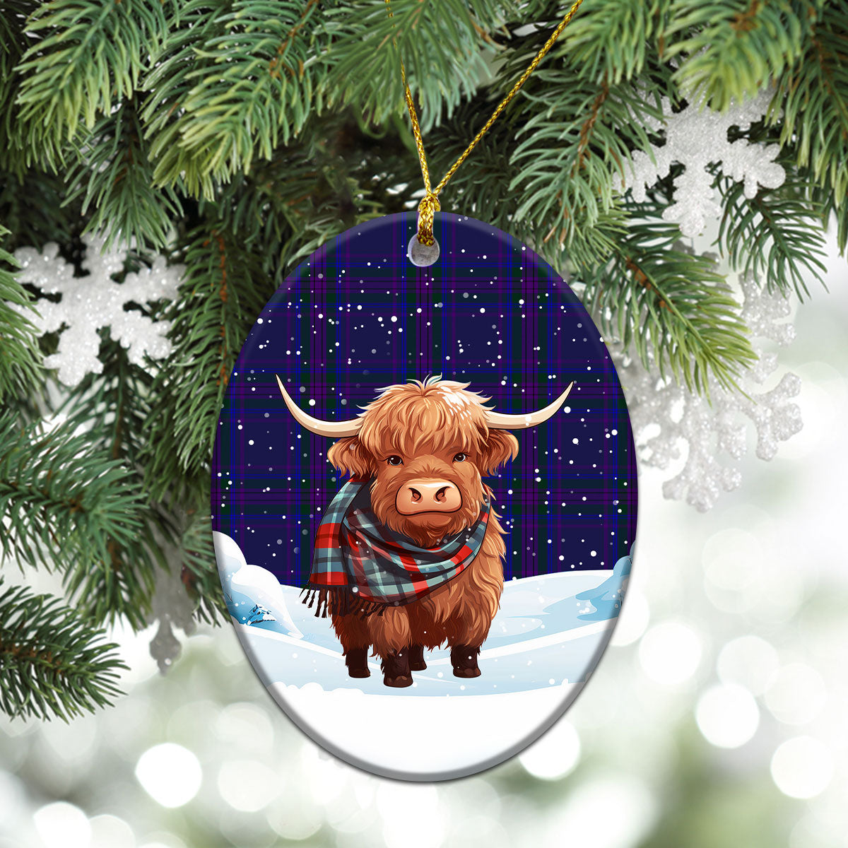 Spirit of Scotland Tartan Christmas Ceramic Ornament - Highland Cows Snow Style