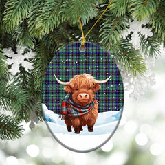 Stevenson Tartan Christmas Ceramic Ornament - Highland Cows Snow Style