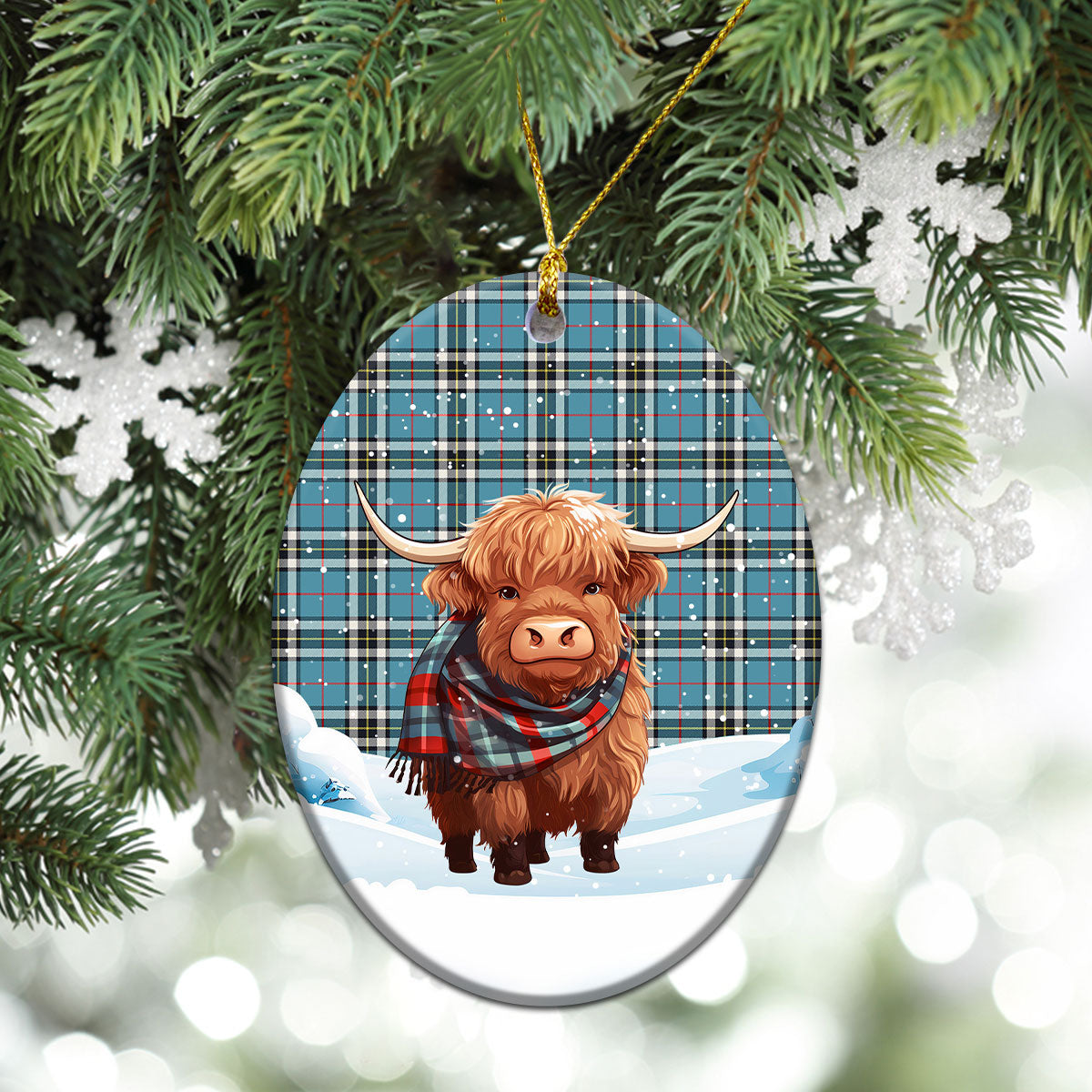 Thomson Blue Tartan Christmas Ceramic Ornament - Highland Cows Snow Style