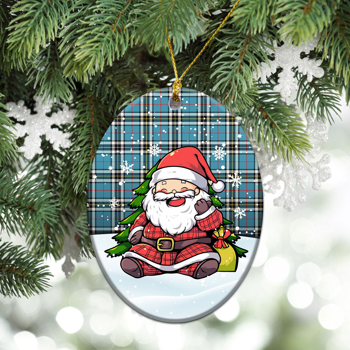 Thomson Blue Tartan Christmas Ceramic Ornament - Scottish Santa Style