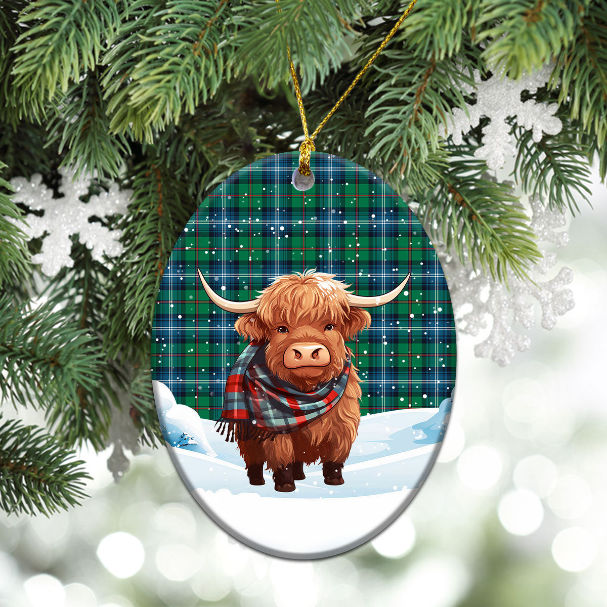 Urquhart Ancient Tartan Christmas Ceramic Ornament - Highland Cows Snow Style