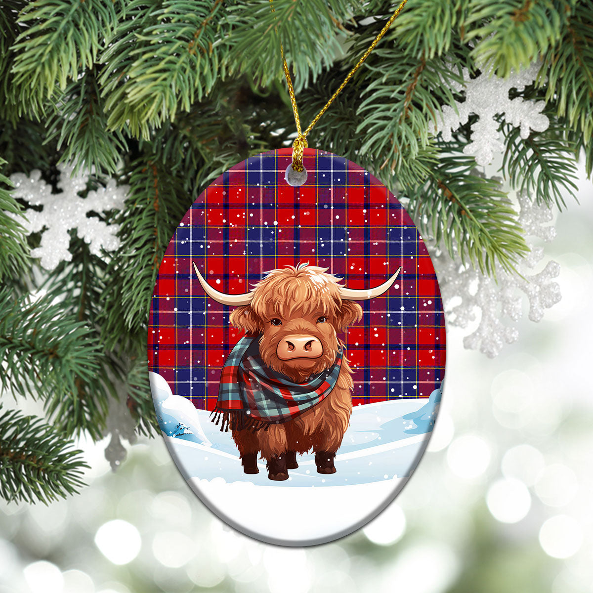 Wishart Dress Tartan Christmas Ceramic Ornament - Highland Cows Snow Style