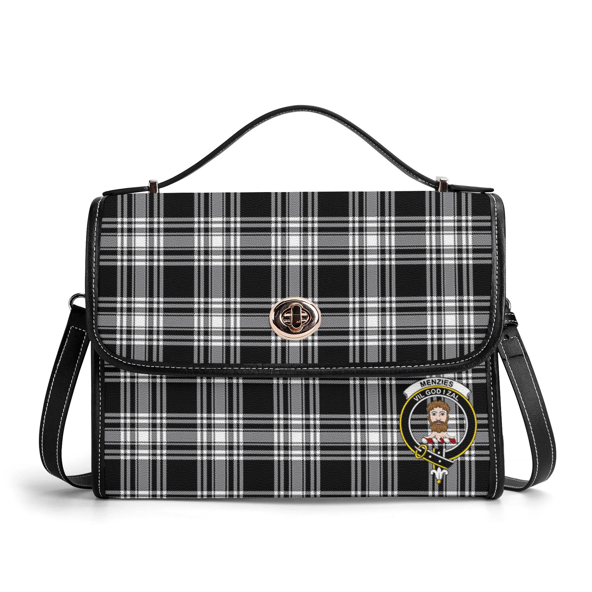 Menzies Black - White Modern Tartan Crest Satchel Bag