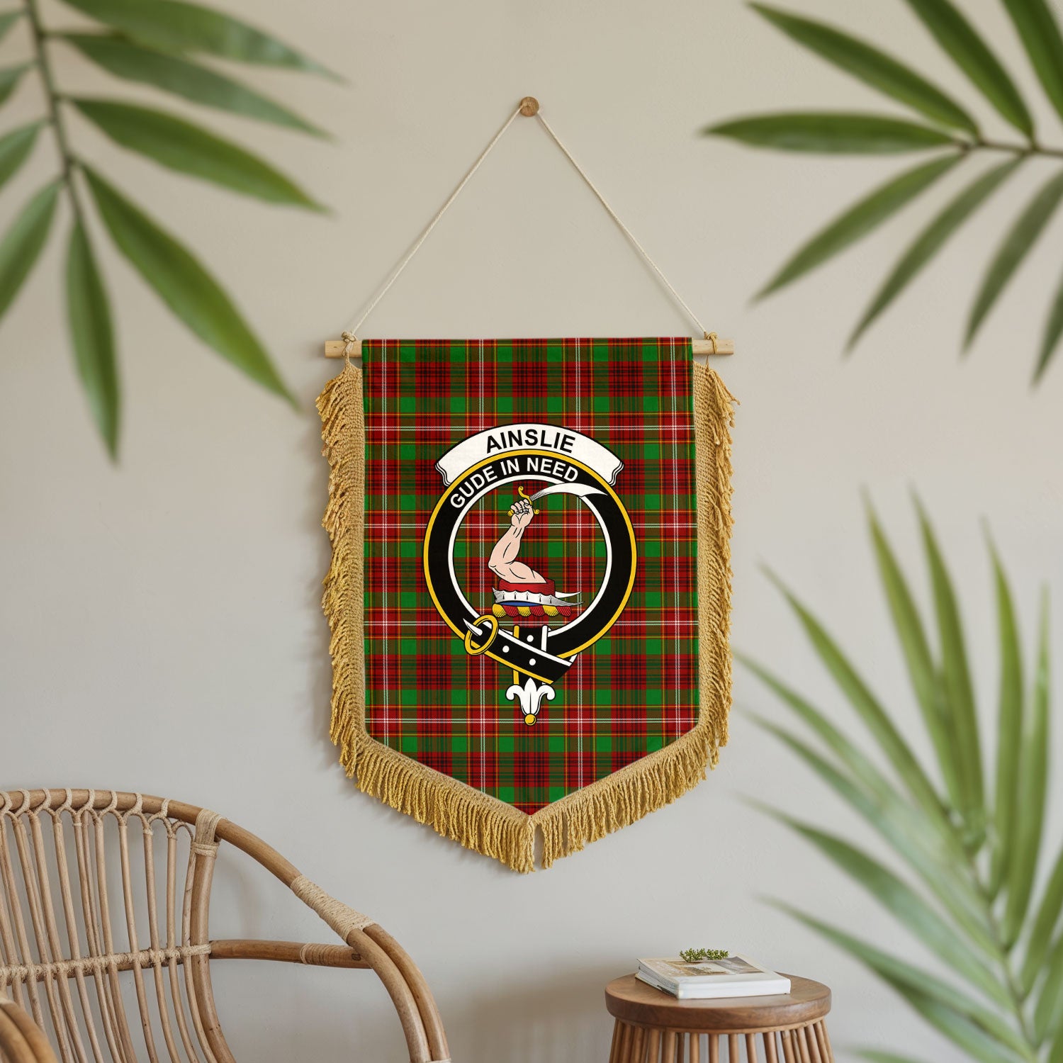 Ainslie Tartan Crest Wall Hanging Banner - Wood Pole