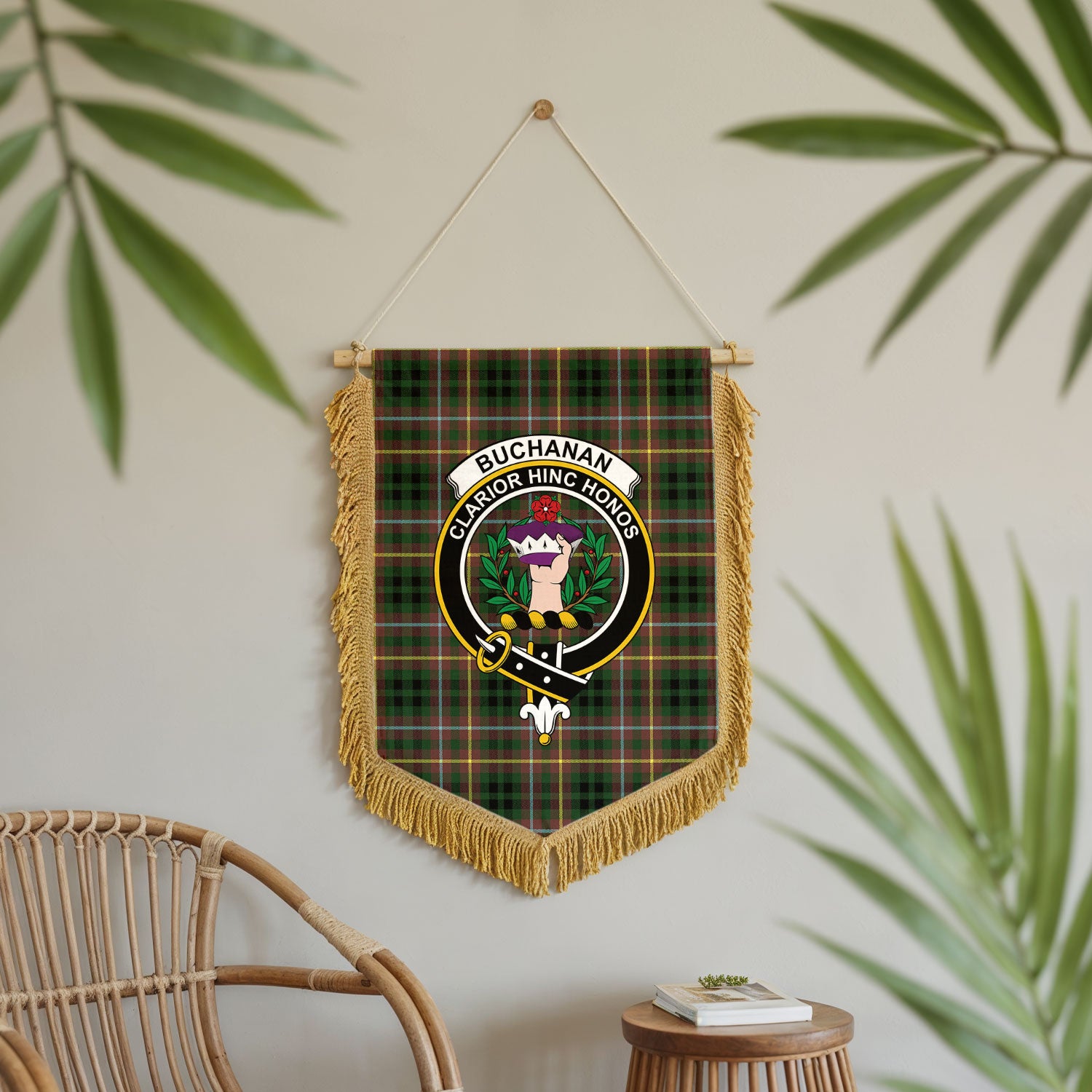 Buchanan Hunting Tartan Crest Wall Hanging Banner - Wood Pole