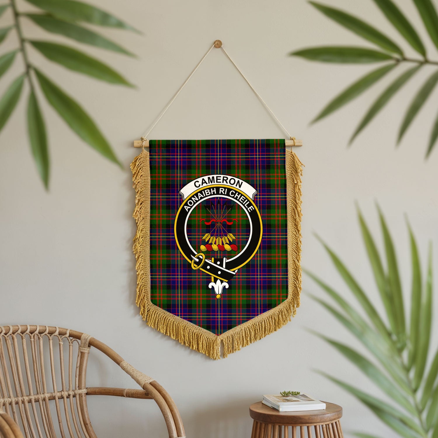 Cameron of Erracht Modern Tartan Crest Wall Hanging Banner - Wood Pole
