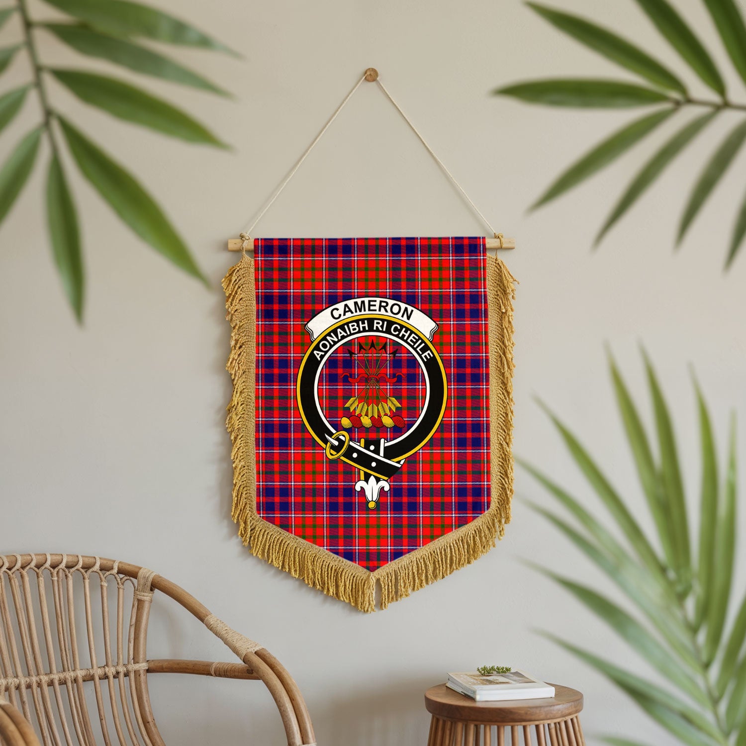 Cameron of Lochiel Modern Tartan Crest Wall Hanging Banner - Wood Pole