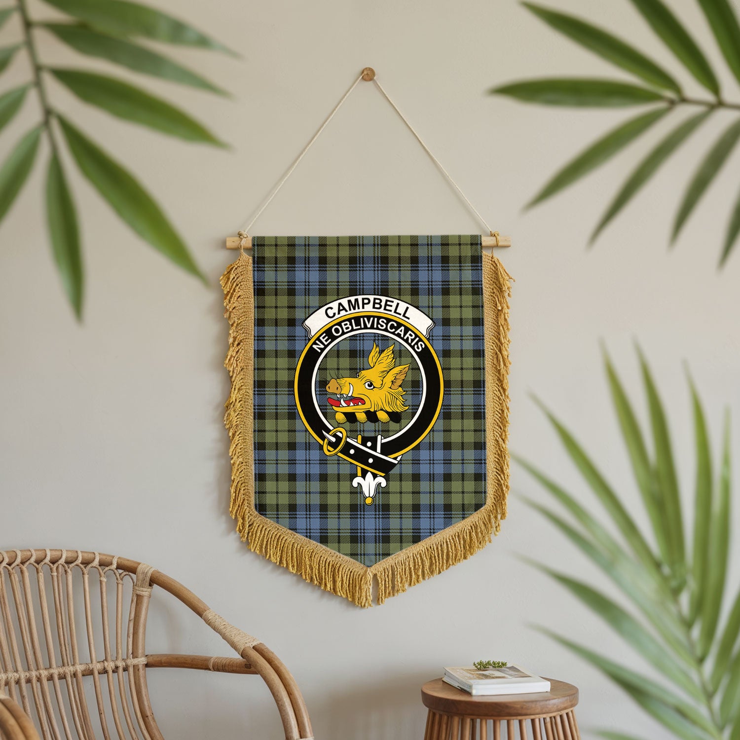 Campbell Faded Tartan Crest Wall Hanging Banner - Wood Pole