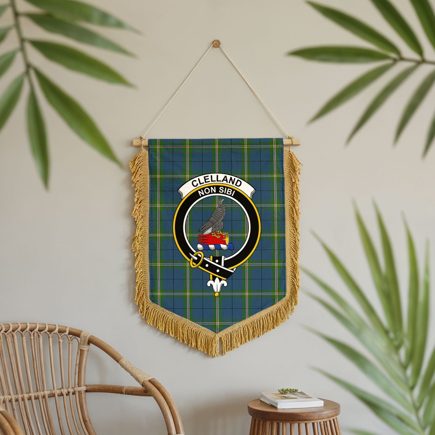 Clelland Tartan Crest Wall Hanging Banner - Wood Pole