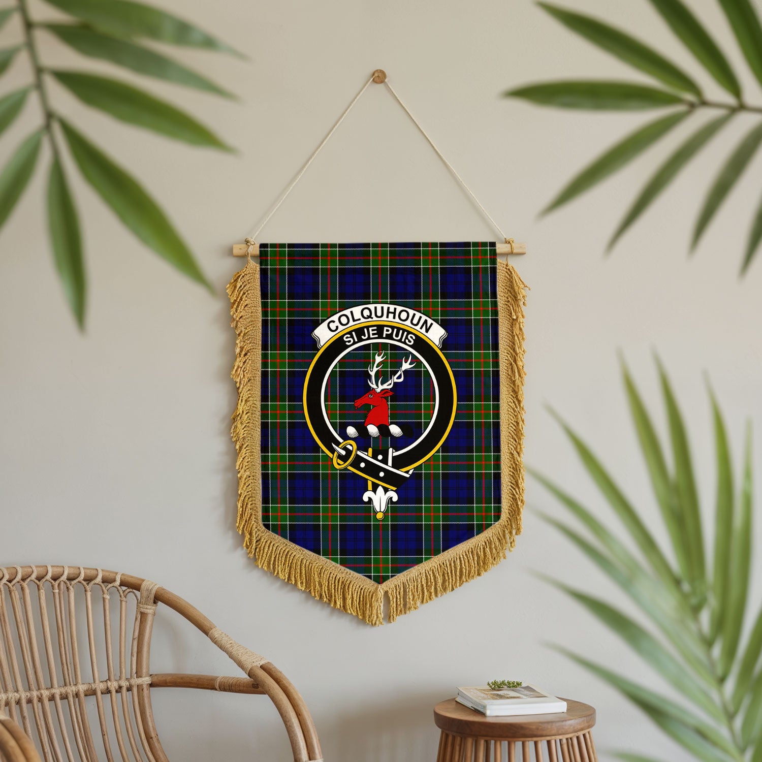 Colquhoun Modern Tartan Crest Wall Hanging Banner - Wood Pole