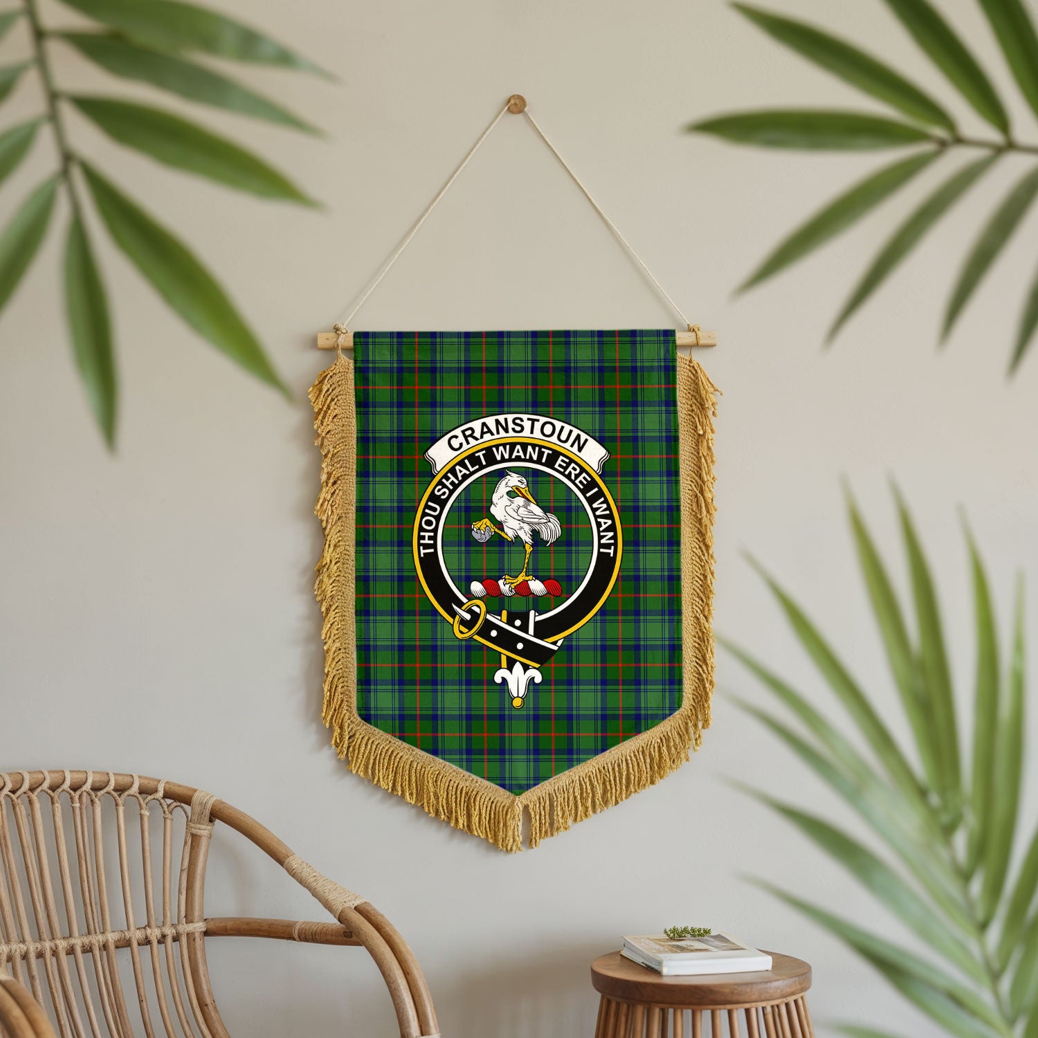 Cranstoun Tartan Crest Wall Hanging Banner - Wood Pole