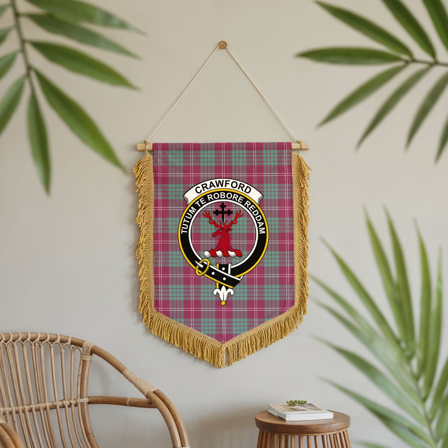 Crawford Ancient Tartan Crest Wall Hanging Banner - Wood Pole