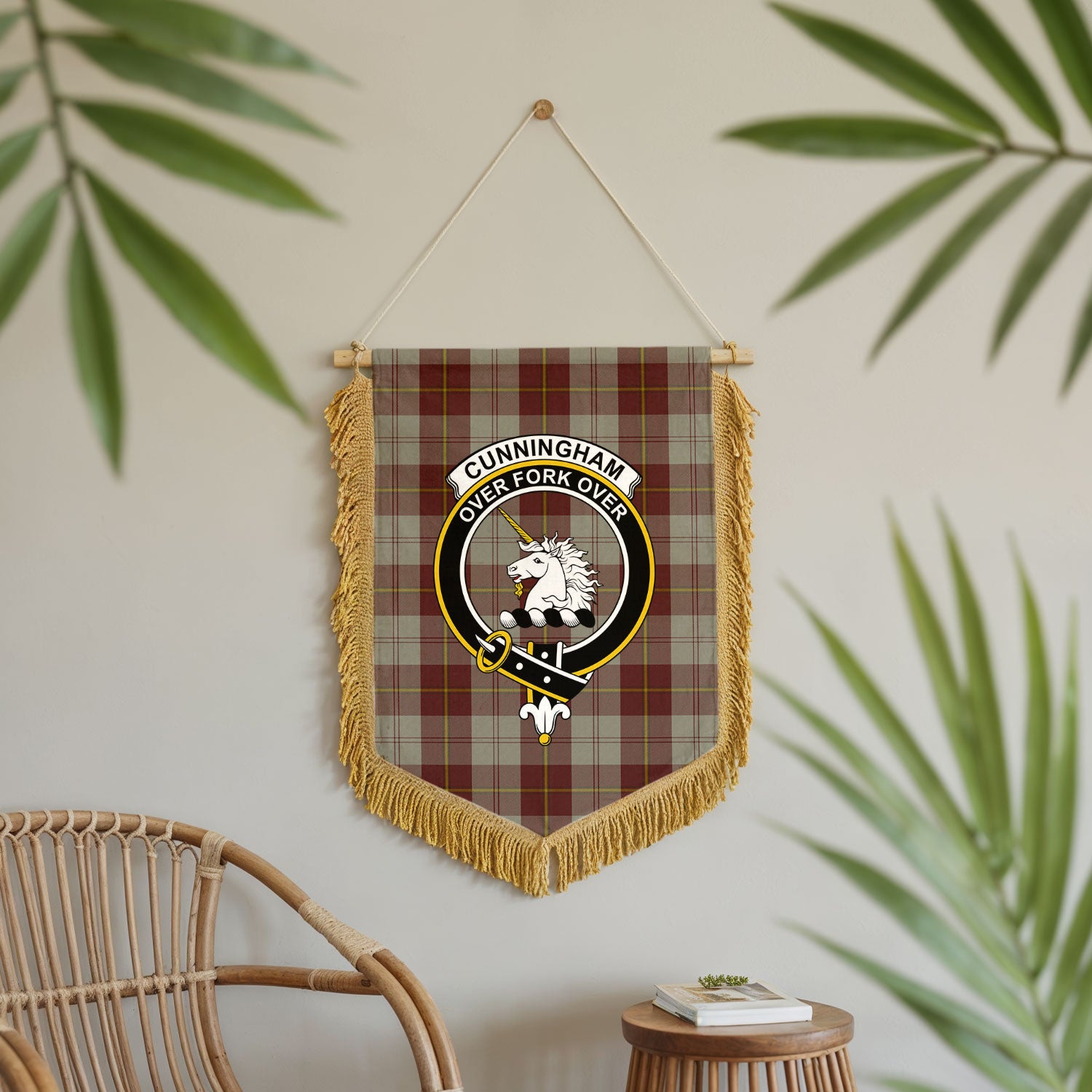 Cunningham Burgundy Dancers Tartan Crest Wall Hanging Banner - Wood Pole