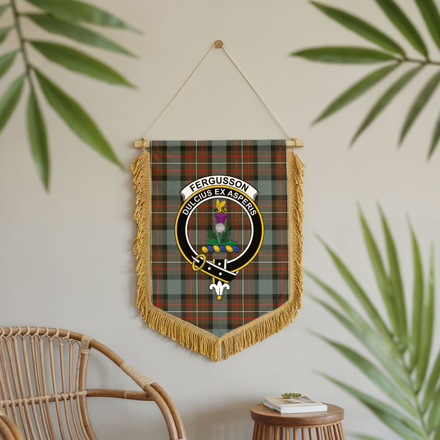 Fergusson Weathered Tartan Crest Wall Hanging Banner - Wood Pole
