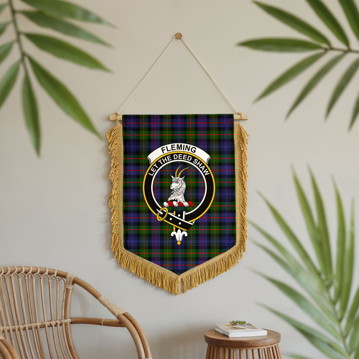 Fleming Tartan Crest Wall Hanging Banner - Wood Pole
