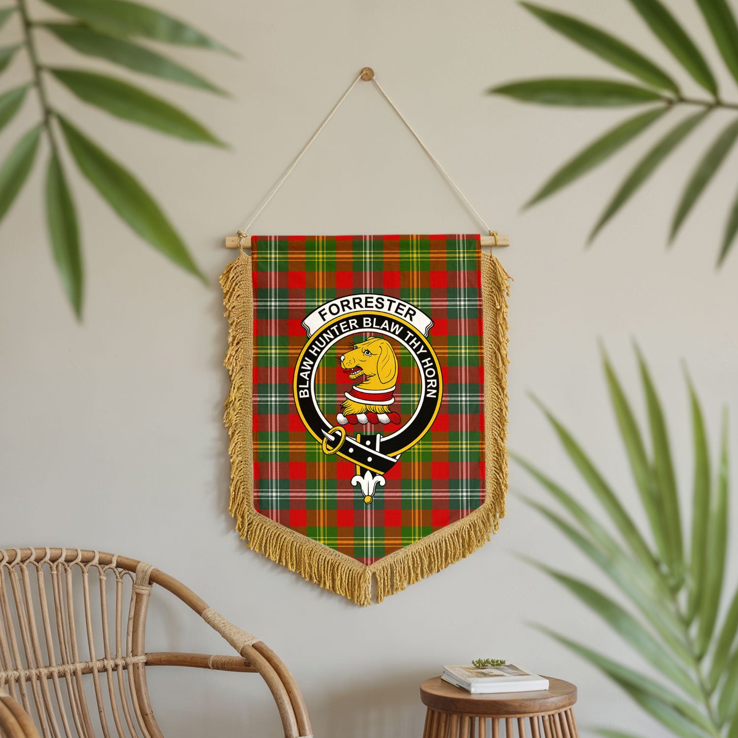 Forrester Tartan Crest Wall Hanging Banner - Wood Pole