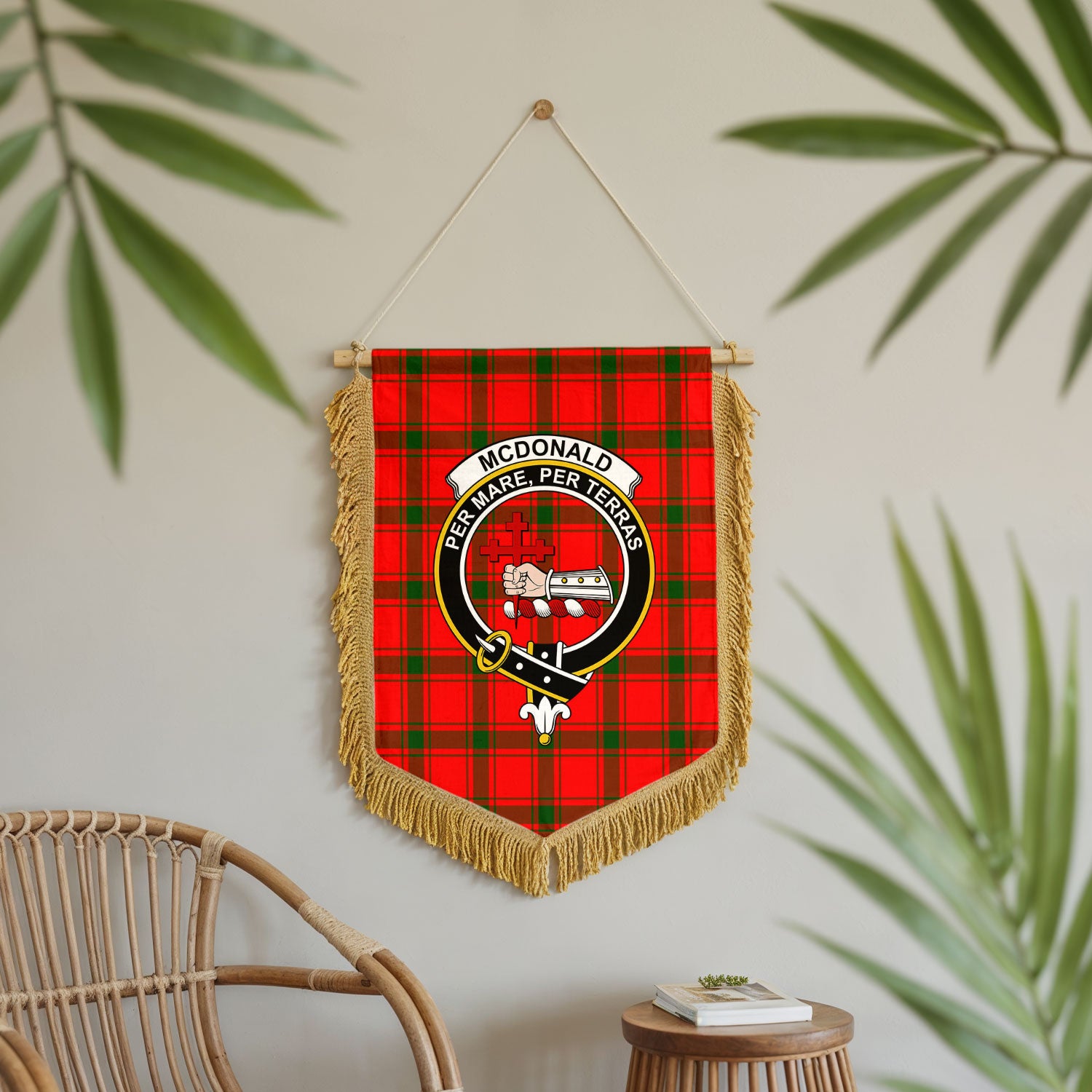 McDonald of Sleat Tartan Crest Wall Hanging Banner - Wood Pole