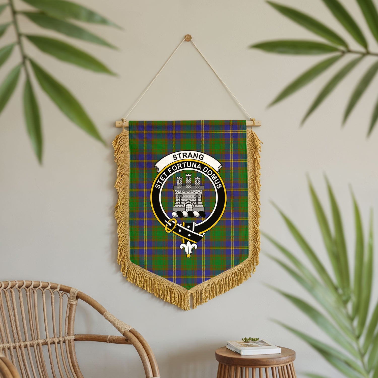 Strang (or Strange) Tartan Crest Wall Hanging Banner - Wood Pole