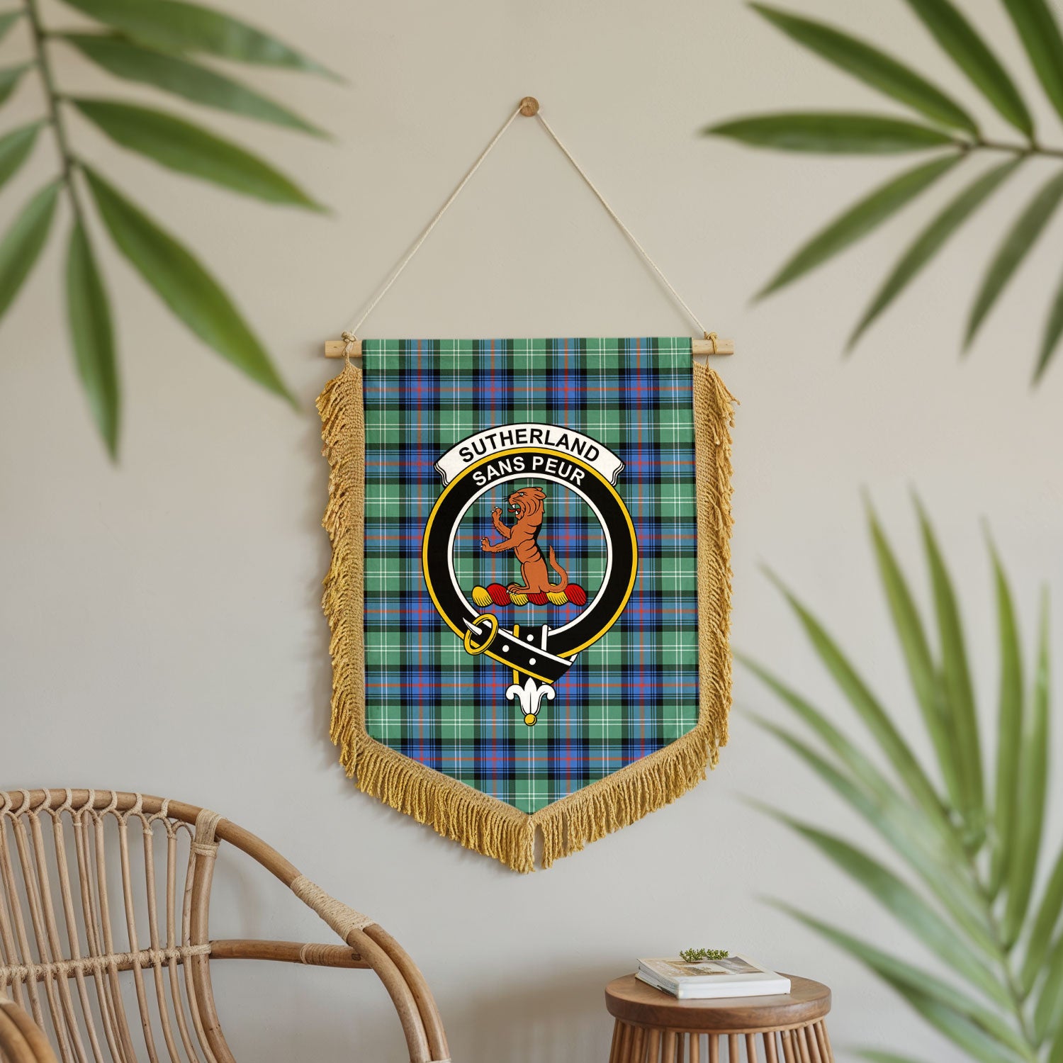 Sutherland Old Ancient Tartan Crest Wall Hanging Banner - Wood Pole