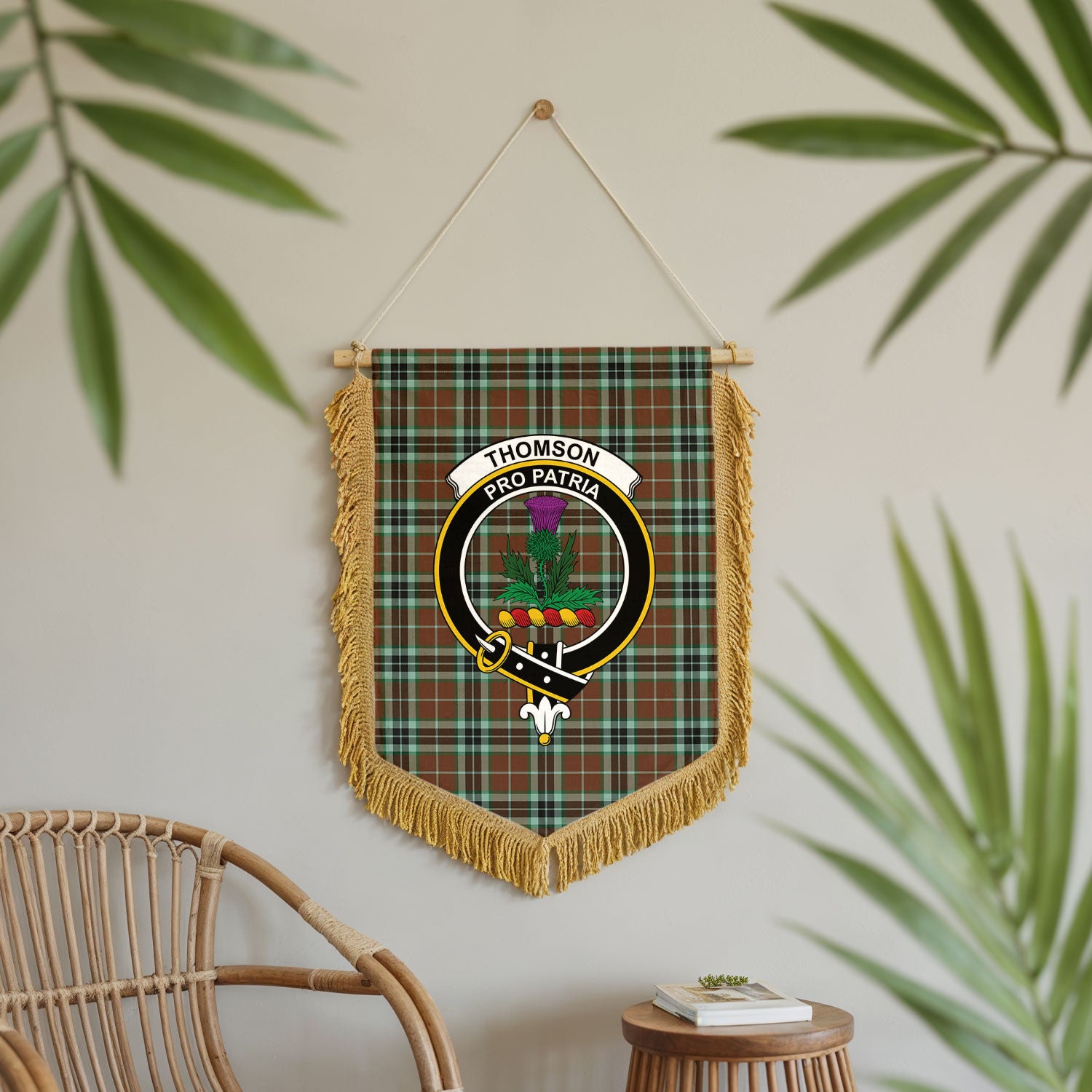 Thomson Hunting Modern Tartan Crest Wall Hanging Banner - Wood Pole