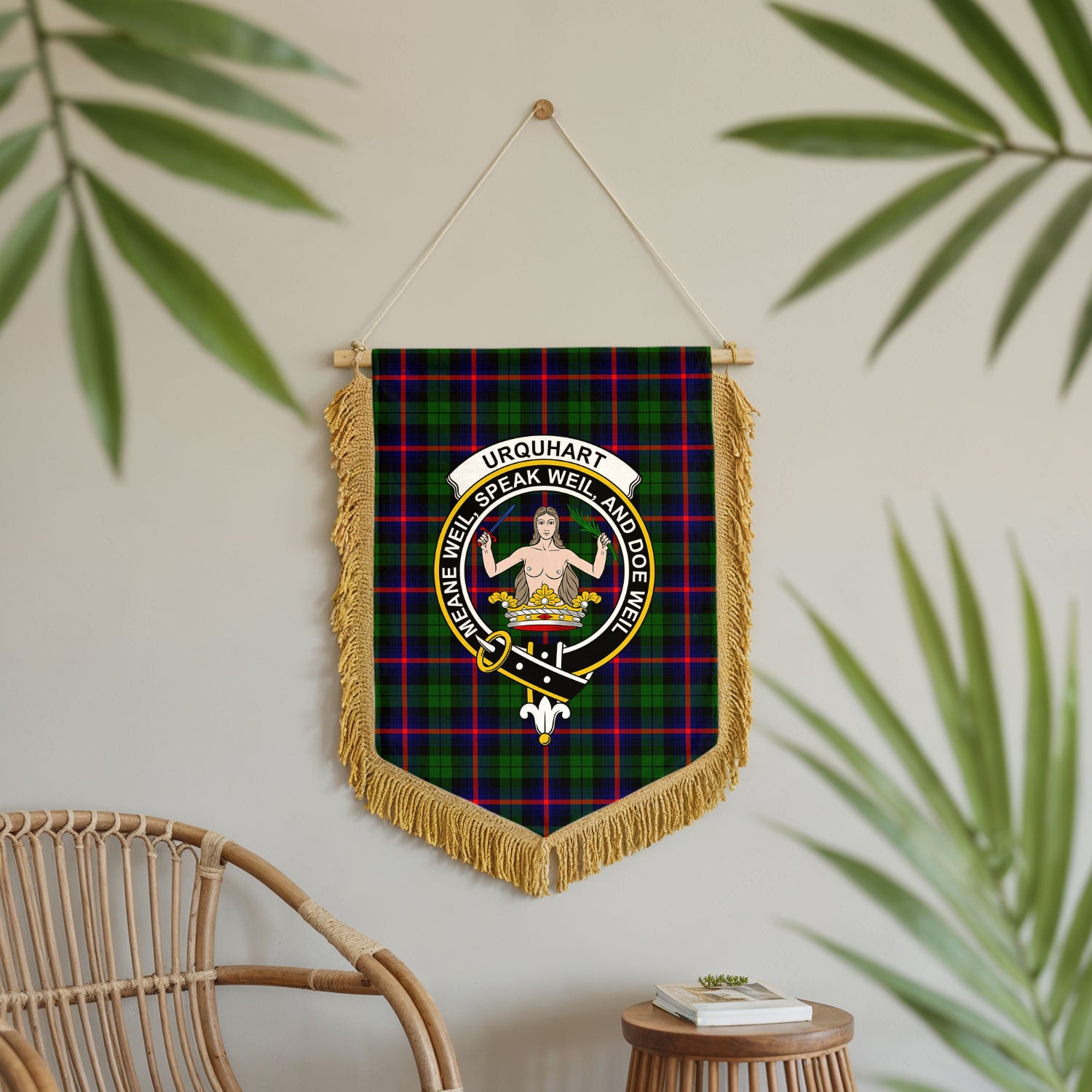 Urquhart Modern Tartan Crest Wall Hanging Banner - Wood Pole