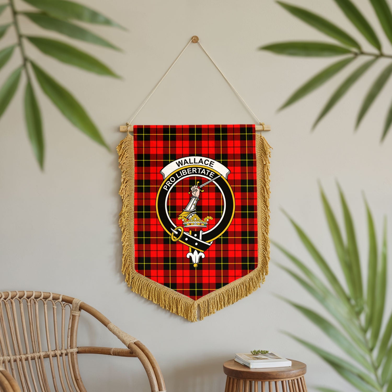 Wallace Hunting Red Tartan Crest Wall Hanging Banner - Wood Pole