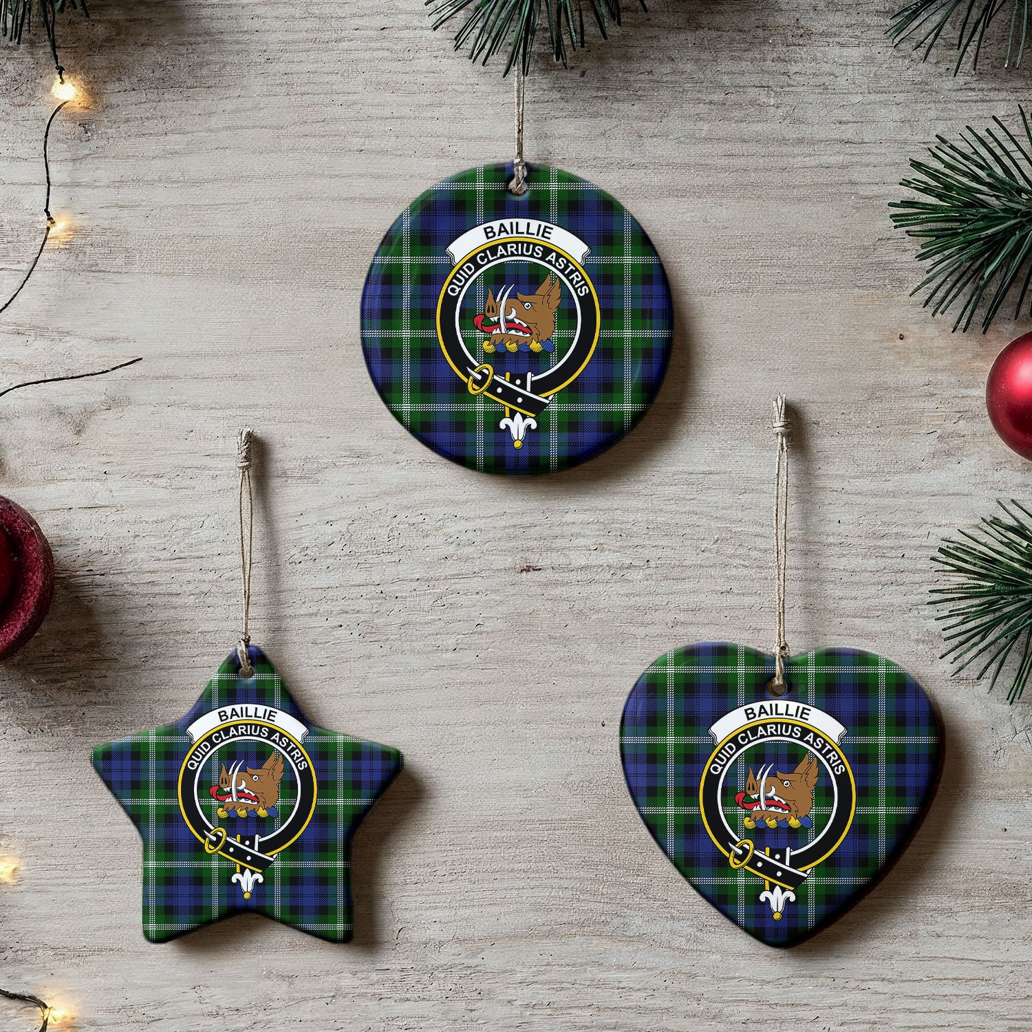 Baillie Modern Tartan Crest Christmas Ceramic Ornament