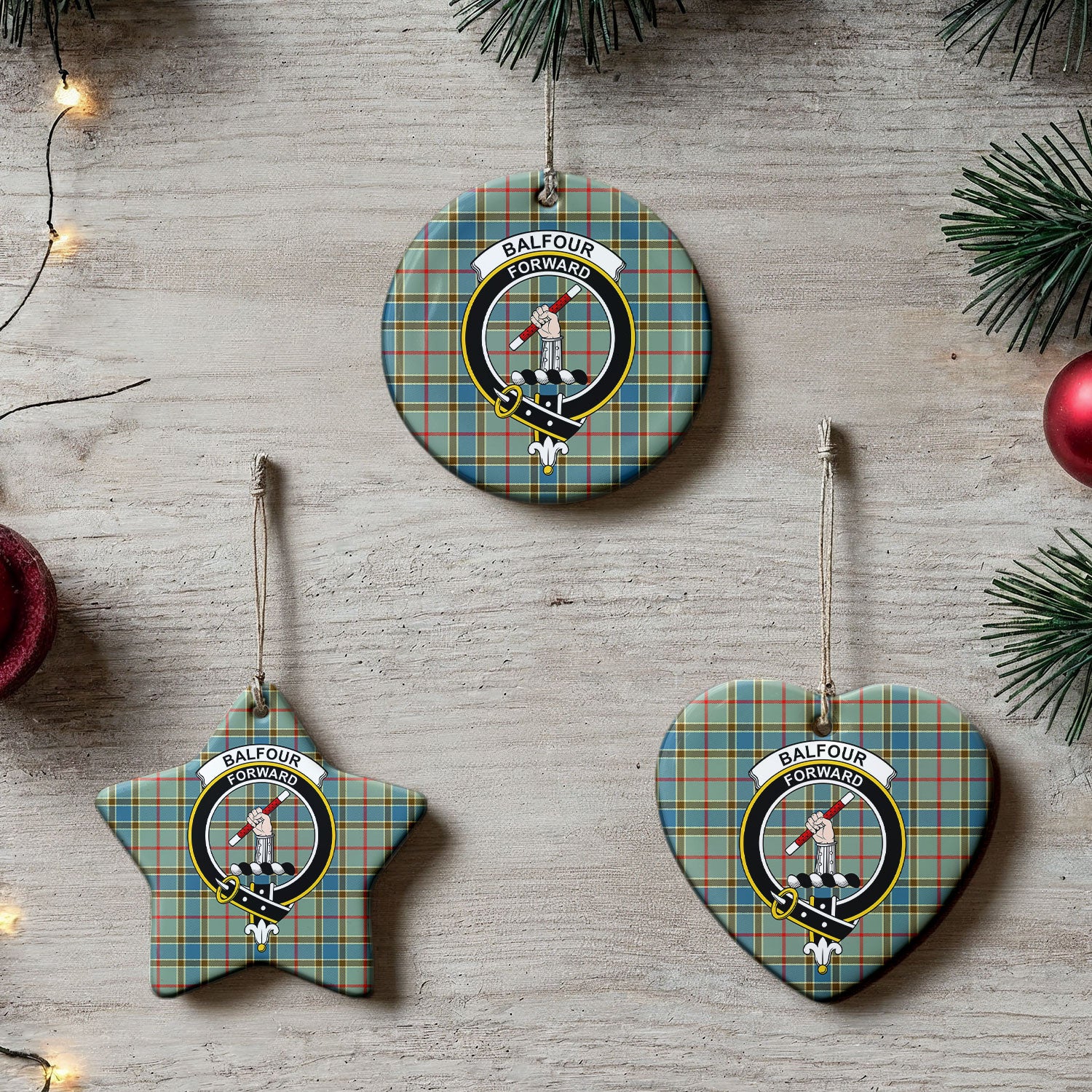 Balfour Blue Tartan Crest Christmas Ceramic Ornament