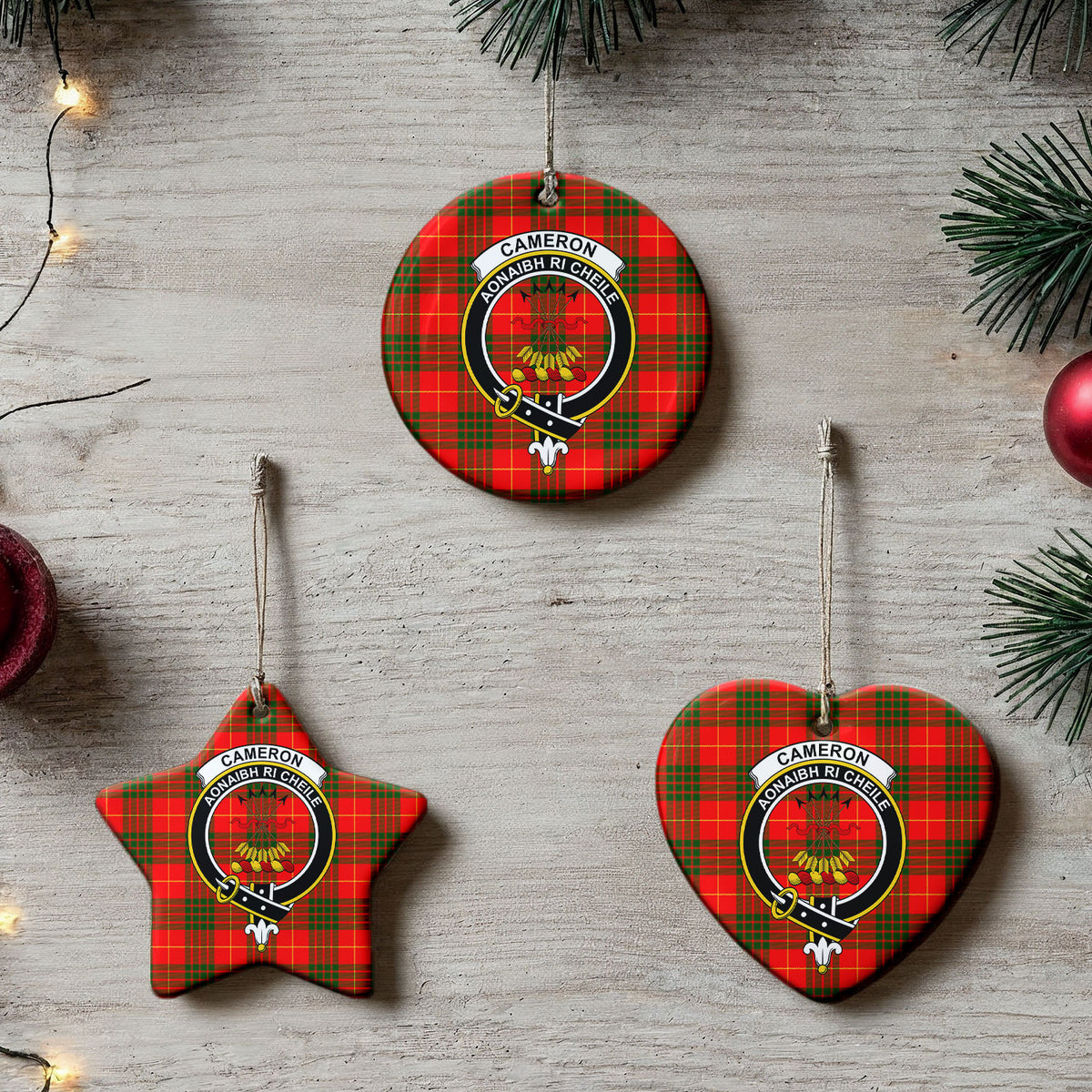 Cameron Modern Tartan Crest Christmas Ceramic Ornament