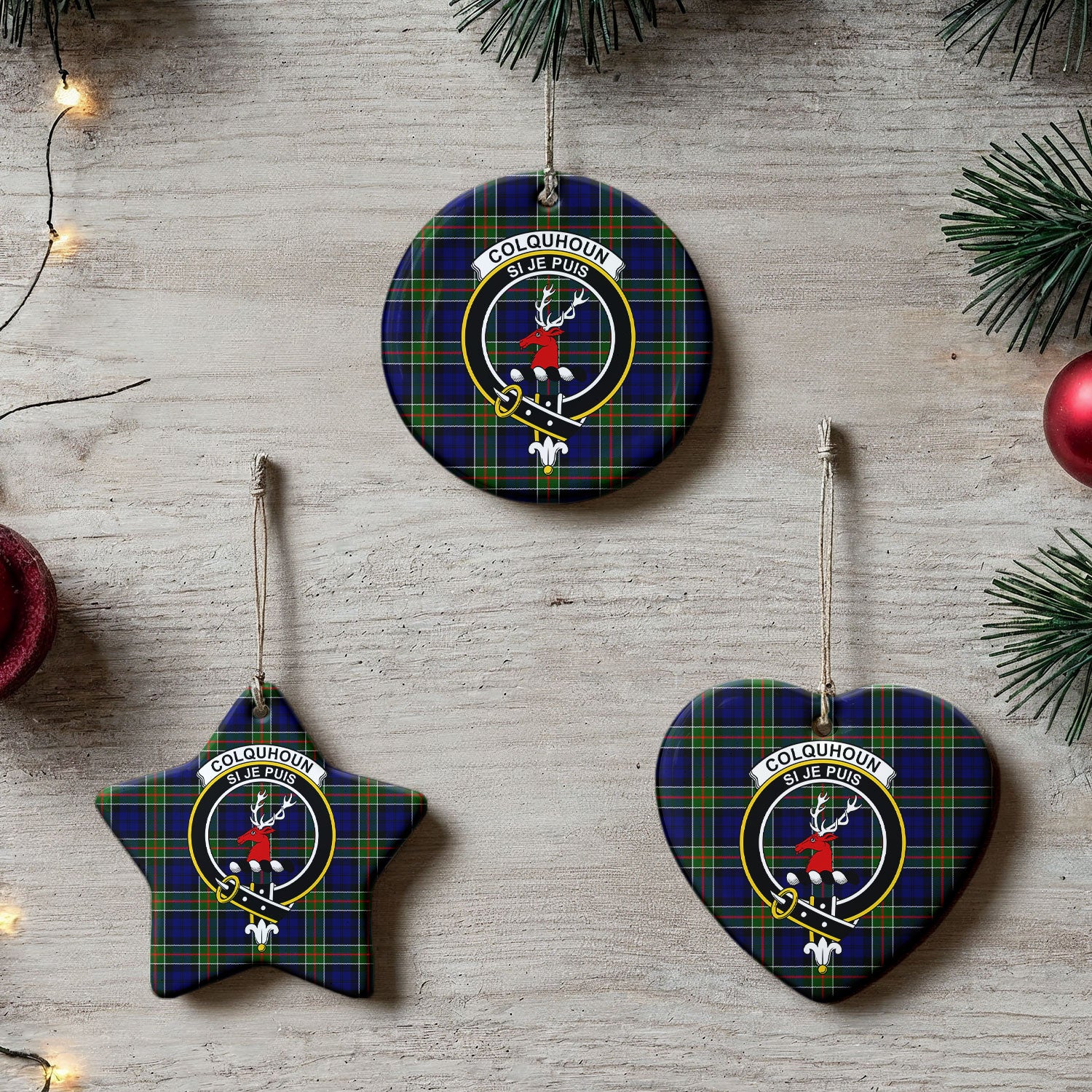 Colquhoun Modern Tartan Crest Christmas Ceramic Ornament