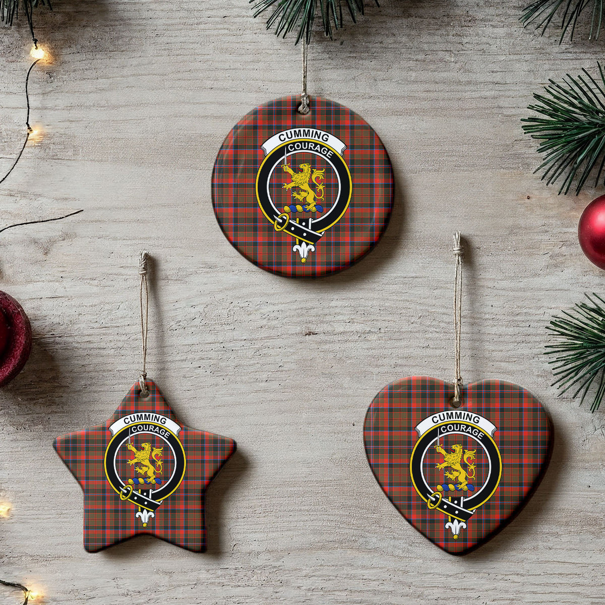 Cumming Hunting Weathered Tartan Crest Christmas Ceramic Ornament