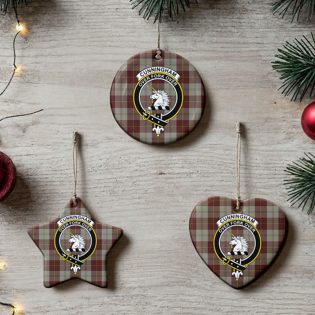 Cunningham Burgundy Dancers Tartan Crest Christmas Ceramic Ornament