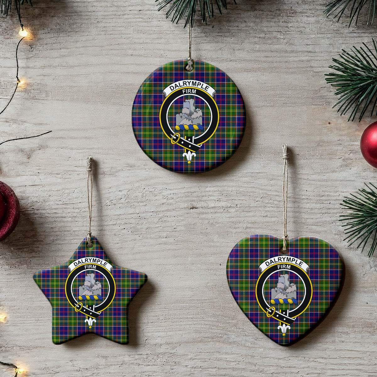 Dalrymple Tartan Crest Christmas Ceramic Ornament