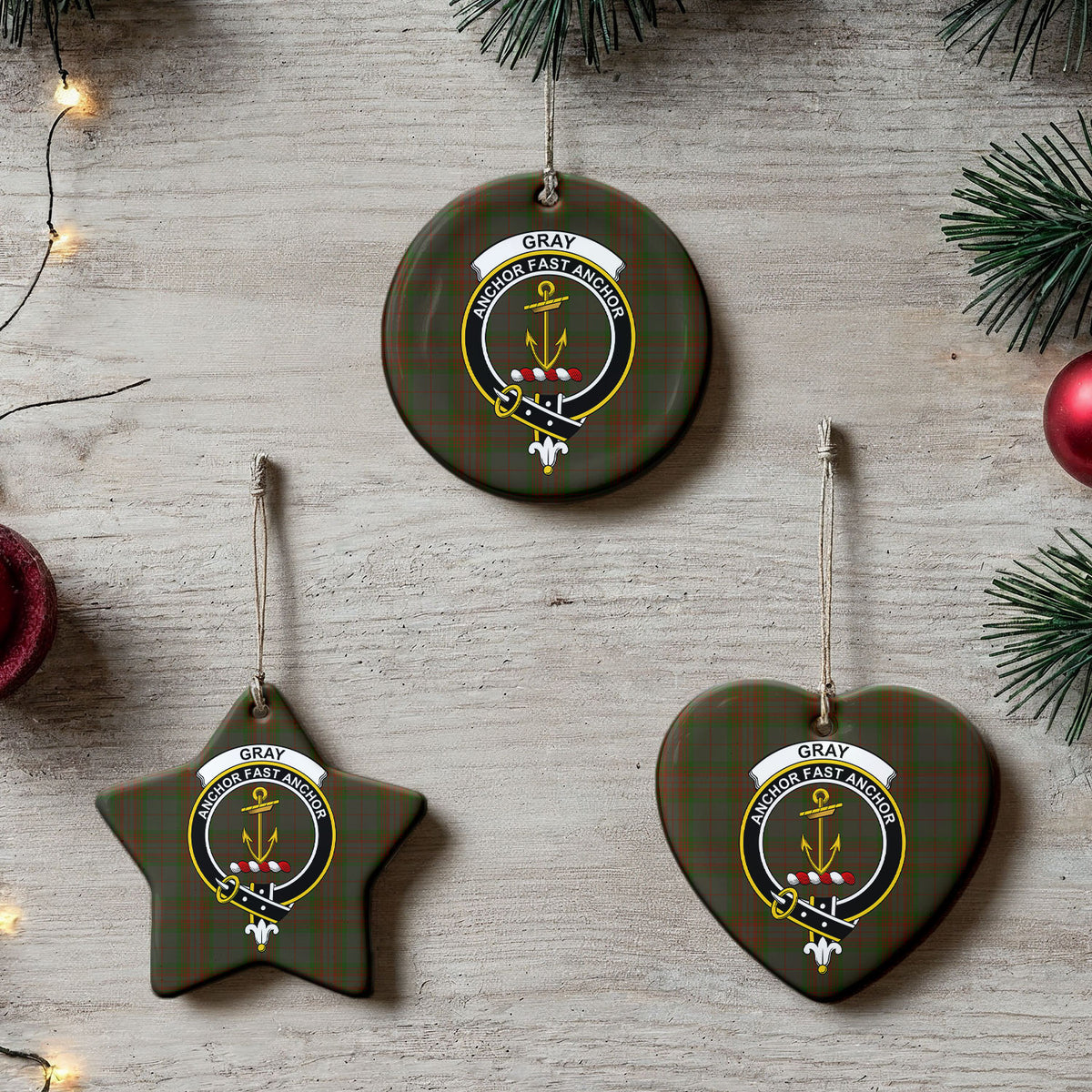 Gray Tartan Crest Christmas Ceramic Ornament