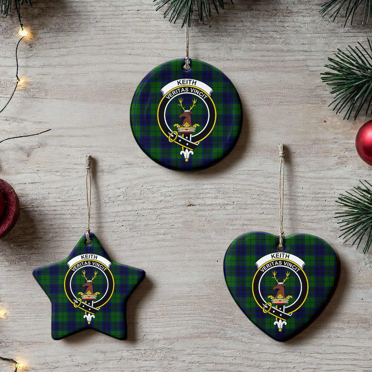 Keith Modern Tartan Crest Christmas Ceramic Ornament