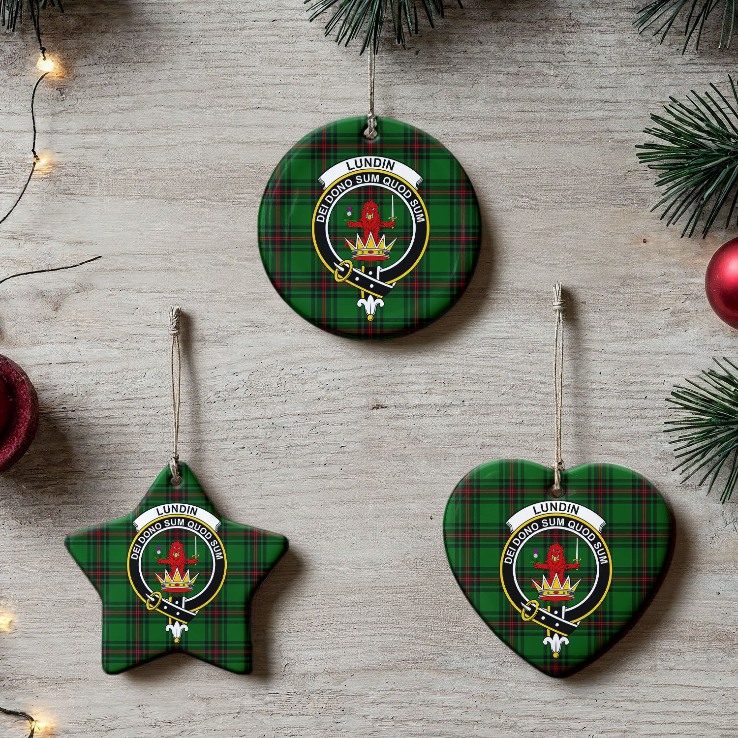 Lundin Tartan Crest Christmas Ceramic Ornament