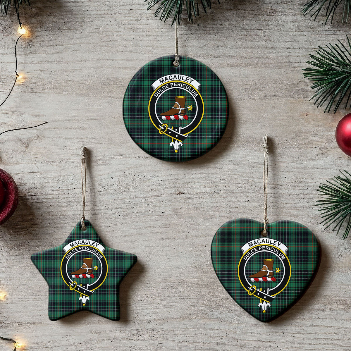 MacAuley Hunting Ancient Tartan Crest Christmas Ceramic Ornament